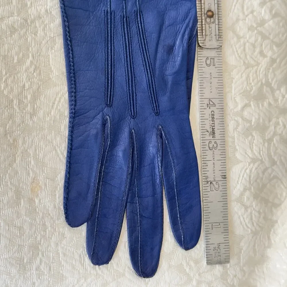 Vintage 13” Elbow Length Blue Kid Leather Women’s French Gloves 1950’s Size 6